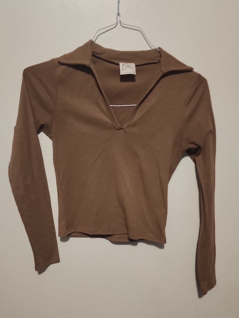 Livi by Olivia Rae Ribbed Long Sleeve Collared Top – Brown – Women's XS
